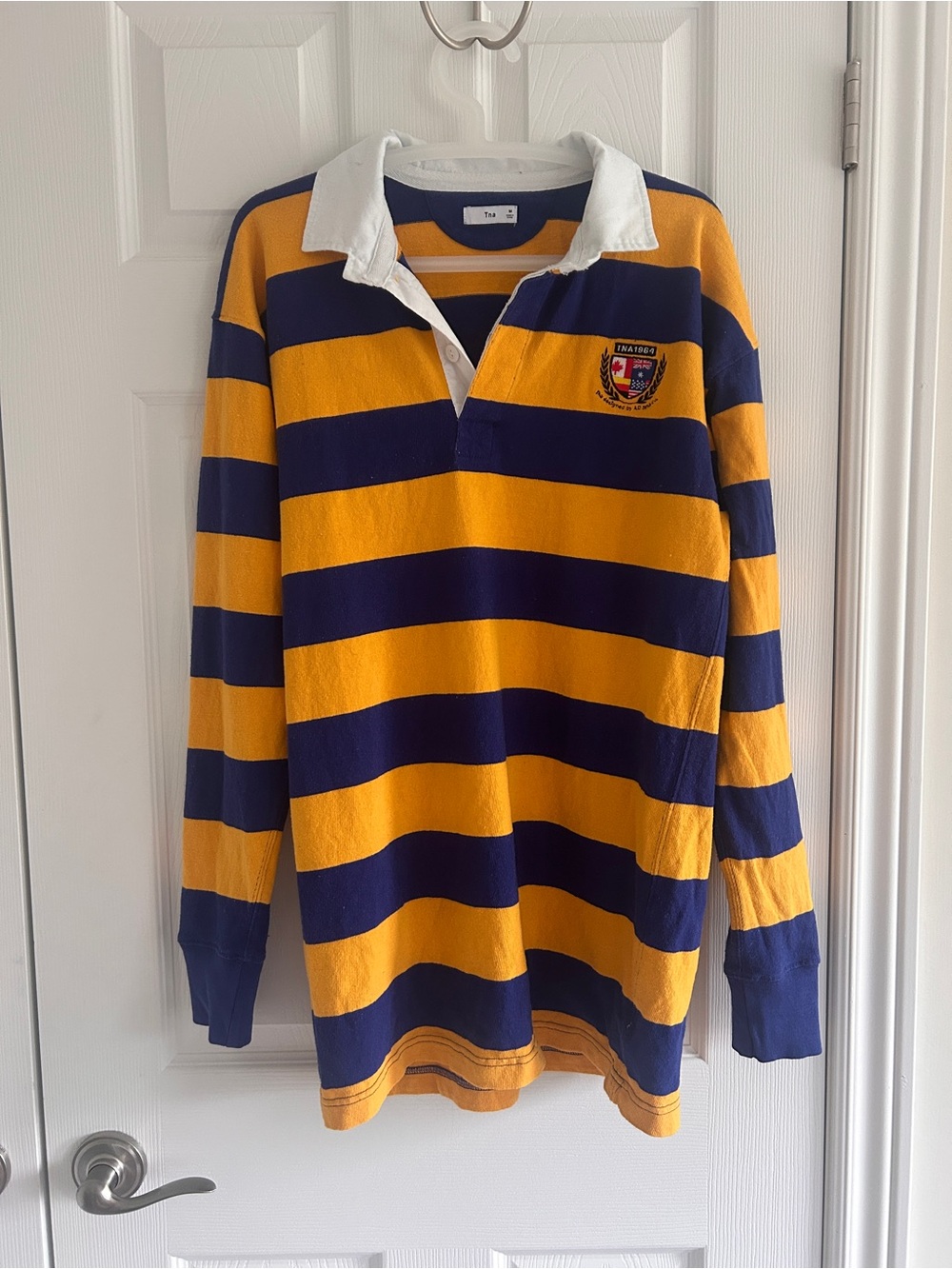 TNA Navy and Gold Striped Rugby Shirt with White Collar